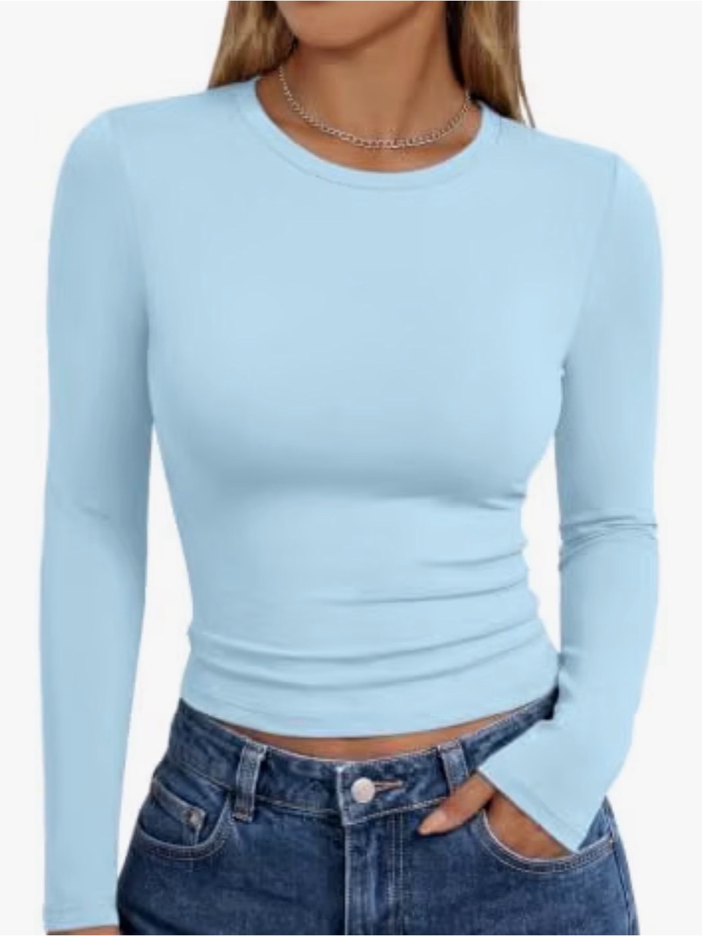 Trendy Queen Long Sleeve Light Blue Tee T Shirt Top Crew Neck Small S